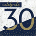 Navy and gold party napkin featuring "celebrate 30" in large numbers with decorative gold accents and scattered gold dots on a marble-textured background.