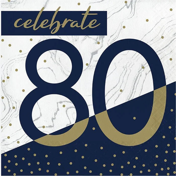 Navy blue and gold paper napkins featuring large "80" numerals with decorative gold curved accents, marble texture background, and scattered gold dots, with "celebrate" text at top.