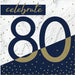 Navy blue and gold paper napkins featuring large "80" numerals with decorative gold curved accents, marble texture background, and scattered gold dots, with "celebrate" text at top.