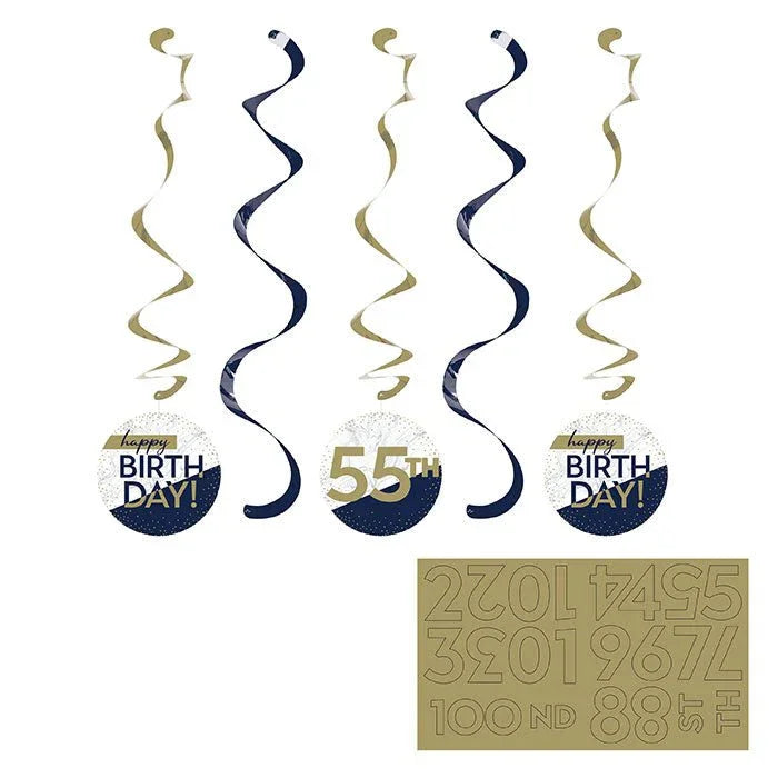 Five spiral hanging decorations in alternating navy and gold colors with three circular tags reading "Happy Birthday" and "55th", displayed against a white background.