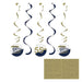 Five spiral hanging decorations in alternating navy and gold colors with three circular tags reading "Happy Birthday" and "55th", displayed against a white background.
