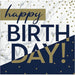 Navy and gold happy birthday beverage napkins featuring white marble texture, navy diagonal stripe, and scattered gold dots throughout the design.