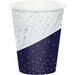 White paper cup with gray marble pattern on upper half, navy blue section on lower half, and scattered gold dots throughout, shown against plain background.