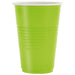 Bright neon green disposable cup with ribbed sides and white rim, holding 16 ounces.