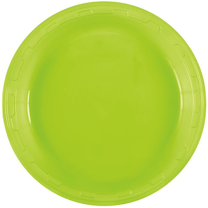 Bright neon green disposable plastic plate with a ridged rim, shown from above against a white background.