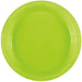 Bright neon green disposable plastic plate with a ridged rim, shown from above against a white background.
