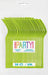 Fifty neon green heavy-duty plastic forks arranged in a fan pattern on white packaging labeled "Party" with colorful text.