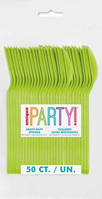 Fifty bright lime green heavy-duty reusable spoons with a curved wavy design, displayed fanned out in their original packaging with colorful "Party" branding.