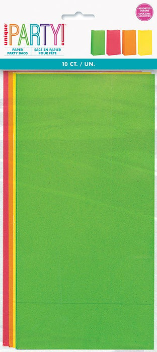 Pack of 10 neon paper party bags in bright green, pink, orange, and yellow displayed in a fanned arrangement showing all four colors.