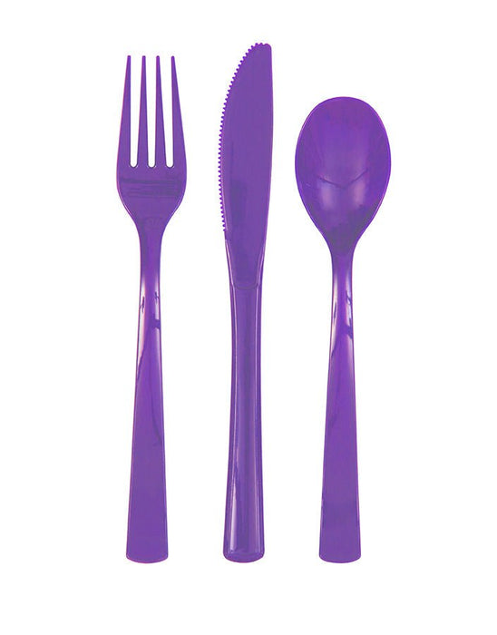 Three neon purple plastic utensils arranged vertically: a fork on the left, knife in the middle with a serrated edge, and spoon on the right.