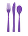 Three neon purple plastic utensils arranged vertically: a fork on the left, knife in the middle with a serrated edge, and spoon on the right.