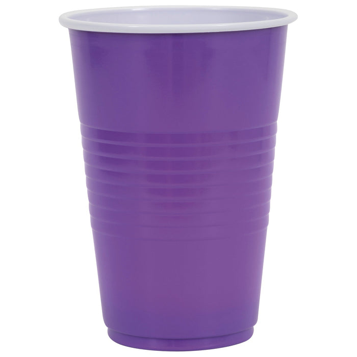 Bright purple disposable cup with white rim and textured grip bands, 16 ounces.