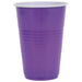 Bright purple disposable cup with white rim and textured grip bands, 16 ounces.