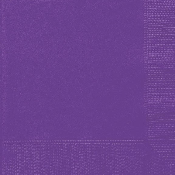 Stack of forty bright neon purple paper napkins with visible stitched edges and textured surface detail.