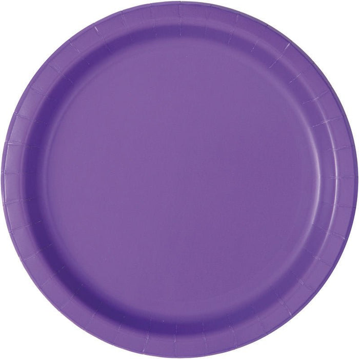 Bright purple round paper plate with a ribbed rim and flat center surface, shown from above against a white background.