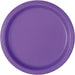 Bright purple round paper plate with a ribbed rim and flat center surface, shown from above against a white background.