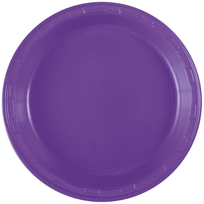 Bright neon purple disposable plastic dinner plate with a ridged rim, shown from above against a white background.