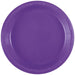 Bright neon purple disposable plastic dinner plate with a ridged rim, shown from above against a white background.