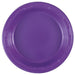 Bright neon purple plastic plate with ridged rim detail, shown from above against a white background.