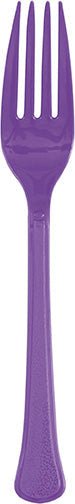 Single neon purple plastic fork displayed vertically against a white background.