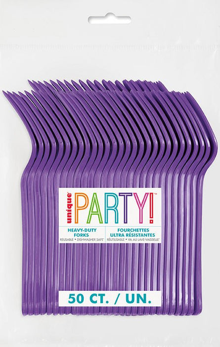 A package of 50 neon purple heavy-duty forks with colorful "PARTY!" branding displayed on the front label.
