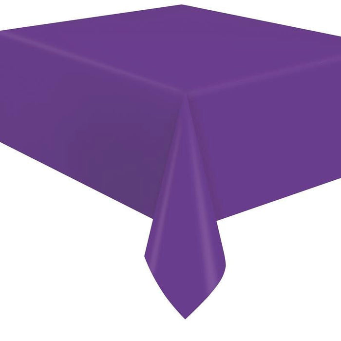 Neon purple rectangular tablecloth with draped fabric showing the full length and width coverage on a table surface.