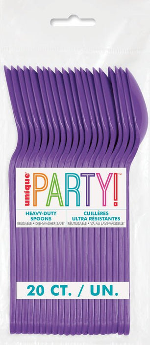 Package of 20 heavy-duty purple plastic spoons with "Party" branding and rainbow colored text, displayed in a clear hanging package with white background.