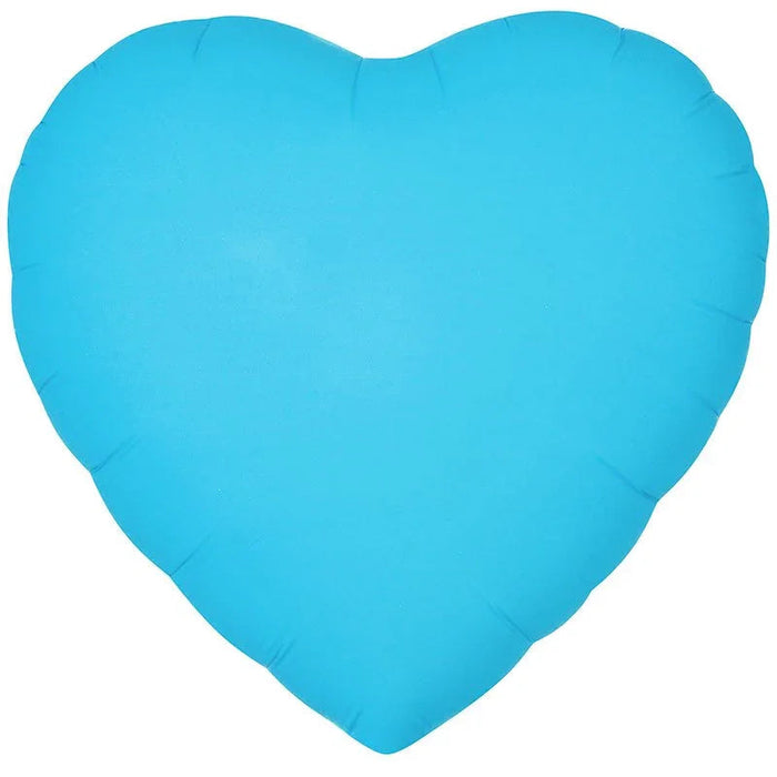 Bright cyan blue heart-shaped mylar balloon with a smooth, reflective surface and visible seams typical of foil balloons.