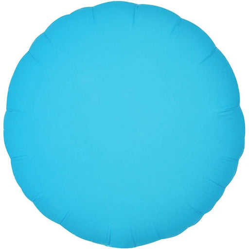 Bright turquoise round mylar balloon with a smooth inflated surface and subtle seam lines visible throughout.