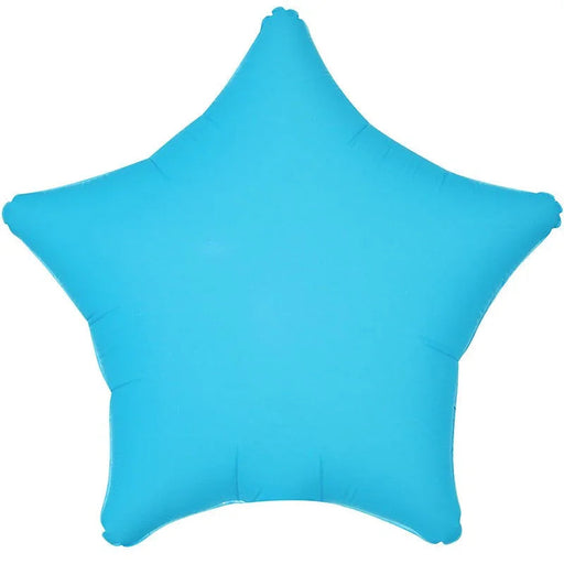 Bright cyan blue mylar balloon shaped like a five-pointed star with rounded edges and small circular knots at each point.