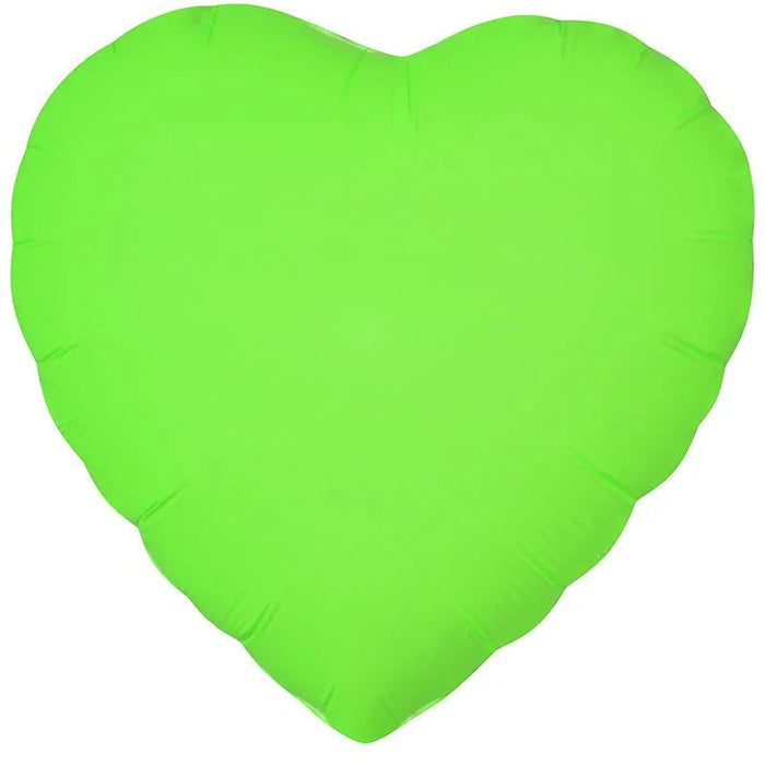 Bright neon green heart-shaped mylar balloon with rounded lobes at the top and a pointed bottom.