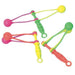 Three neon knocker ball toys with colorful handles in pink, green, and red paired with bright yellow and neon ball tops arranged on a white background.