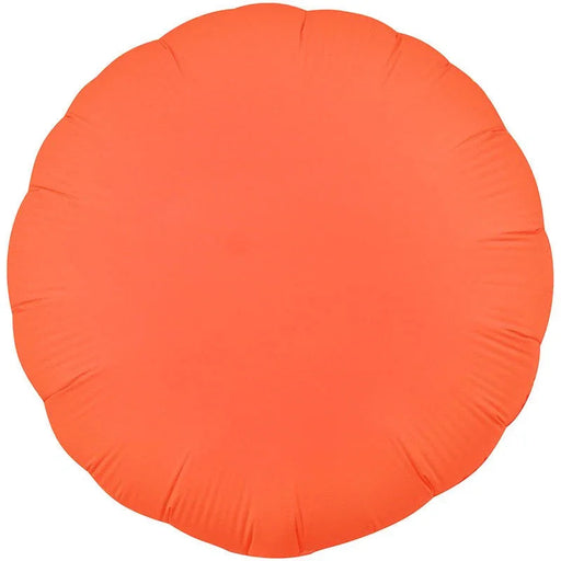 Bright neon orange round mylar balloon with a smooth, reflective surface and subtle vertical seams throughout.