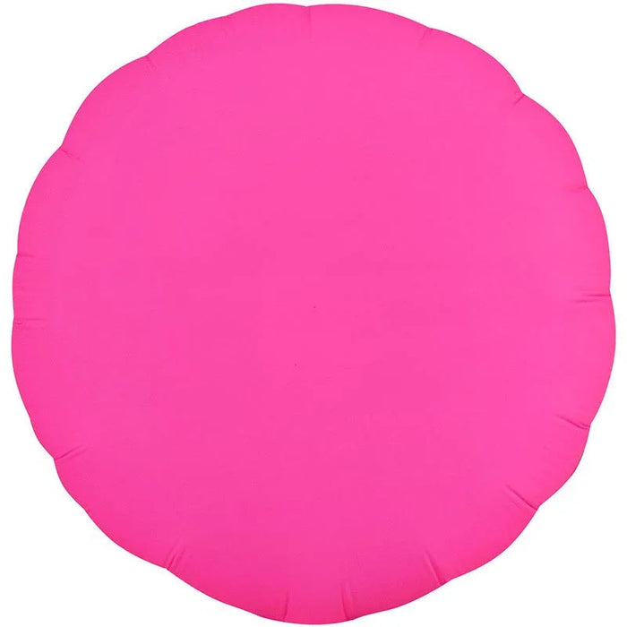 Bright neon pink round mylar balloon with a slightly puffy, inflated appearance and subtle seams visible along the edges.