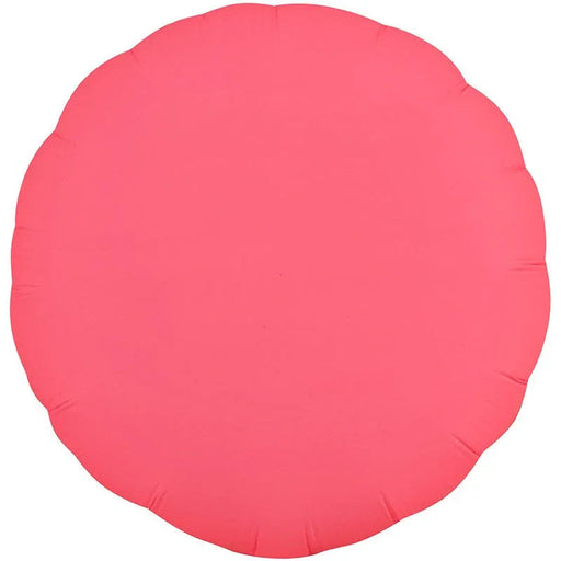 Bright neon red round mylar balloon with a slightly gathered, cushioned surface texture against a white background.