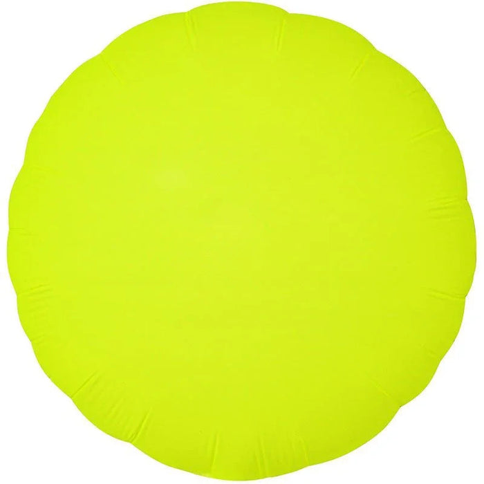 Bright neon yellow round mylar balloon with a slightly wrinkled matte finish surface.