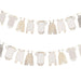 Two horizontal clotheslines strung with various neutral-toned baby garments including onesies, rompers, and overalls held by clothespins in a beige and cream color palette.