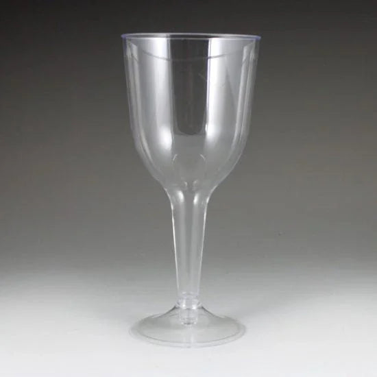 Clear plastic wine glass with a rounded bowl, thin stem, and flat base, designed for serving beverages.