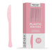 Pink heavy duty plastic knives displayed next to their packaging box labeled "Plastic Knives" with a quantity of 20 count shown.