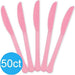 Five pink plastic knives arranged in a fan pattern with a blue circle labeled "50ct" in the lower left corner.