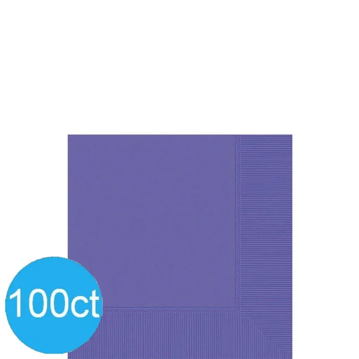 Pack of 100 purple beverage napkins with textured ribbed pattern shown fanned out to display the quantity.