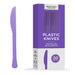 Purple heavy duty plastic knives displayed next to their purple packaging box labeled "Plastic Knives" with a count of 20 pieces.