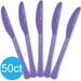 Five purple plastic knives with textured handles are displayed fanned out, with a blue circle badge indicating 50ct in the lower left corner.