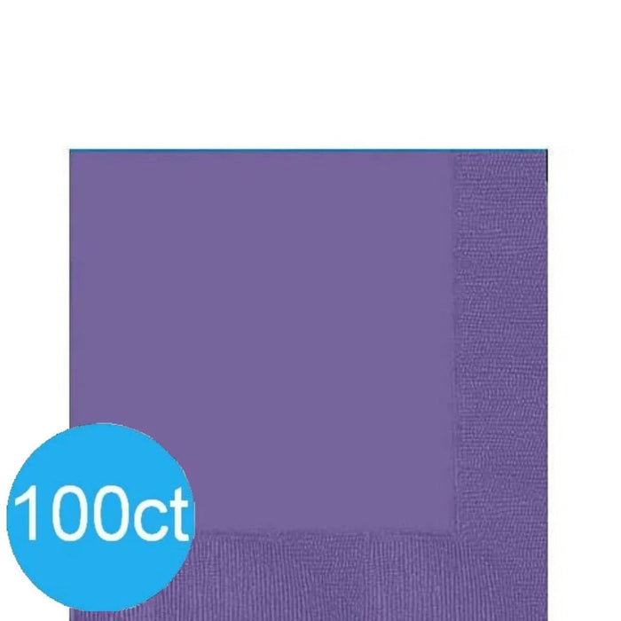 Pack of 100 purple paper napkins with ribbed texture on the edges, displayed as a folded stack.