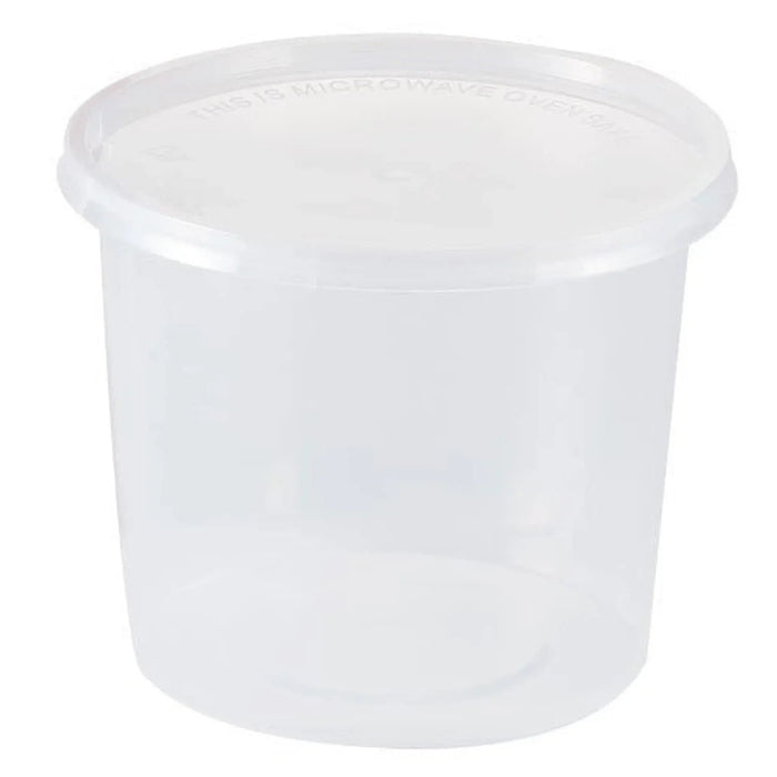 Clear plastic round food storage container with a flat hinged lid, approximately 25 ounces capacity.