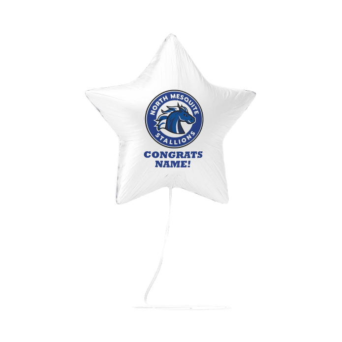 White star-shaped balloon with blue and red design on a white background