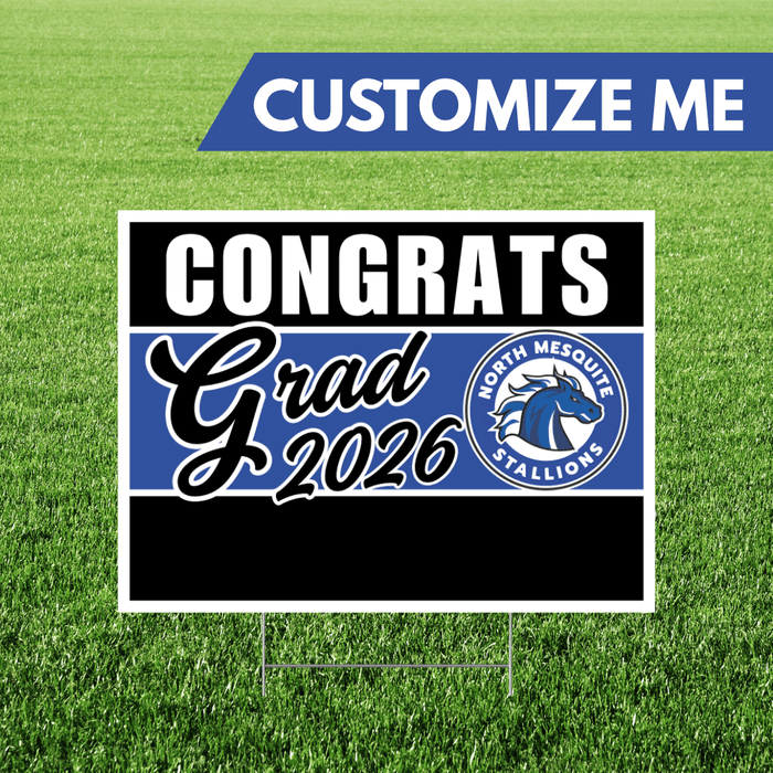 Graduation-themed customizable sign with 'Congrats Grad 2026' text on a grass background