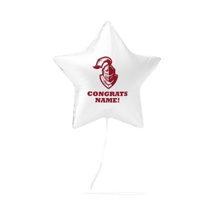 White star-shaped foil balloon with maroon knight logo and "CONGRATS NAME!" text, shown with string attachment.