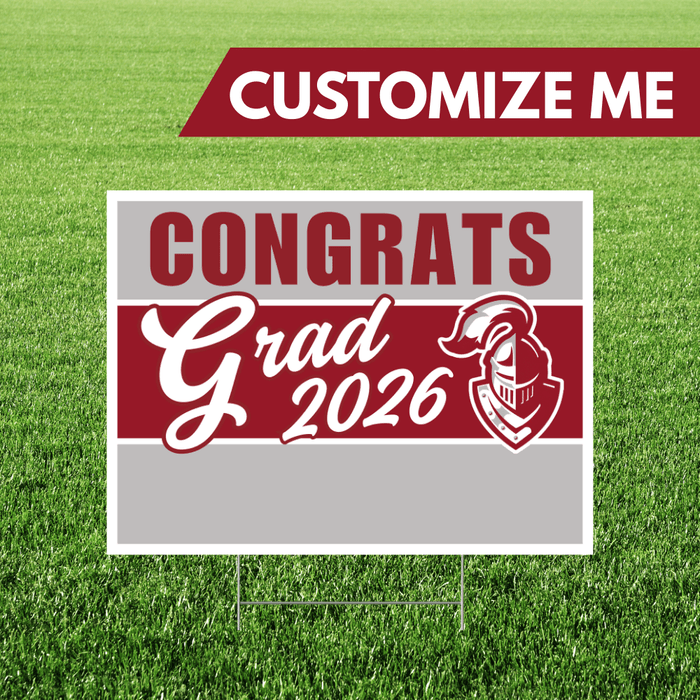 Graduation-themed customizable sign with 'Congrats Grad 2026' text on a grass background