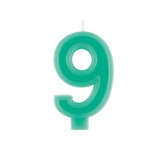 Turquoise number 9 birthday candle with a cylindrical base, shown against a white background.
